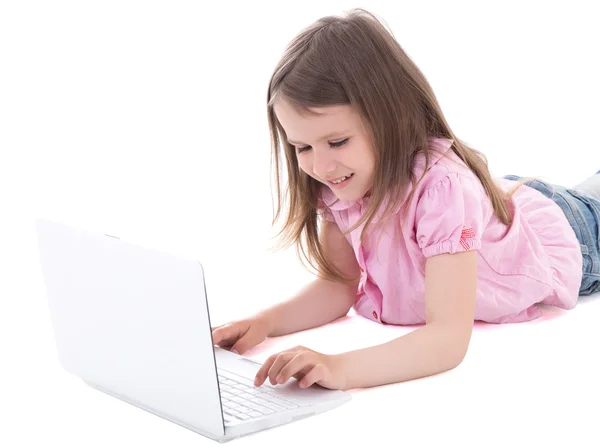 Cute little girl using laptop isolated on white — 图库照片