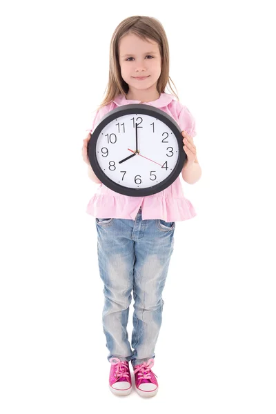 Konzept - niedliche kleine Mädchen halten Büro Uhr isoliert auf — Stockfoto
