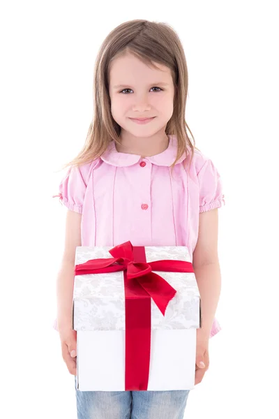 Holiday concept - cute little girl with gift box isolated on whi — 图库照片