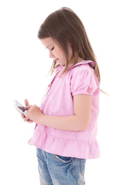 Cute little girl with modern smart phone isolated on white —  Fotos de Stock