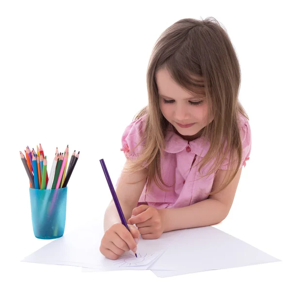 Petite fille mignonne de dessin avec des crayons colorés isolé sur blanc — Photo