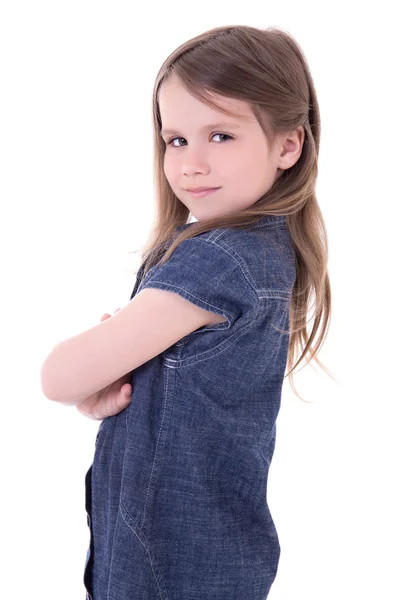 Funny cute little girl in denim dress isolated on white — Stock Photo, Image