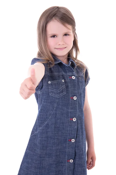 Cute little girl in denim dress thumbs up isolated on white — Stok fotoğraf