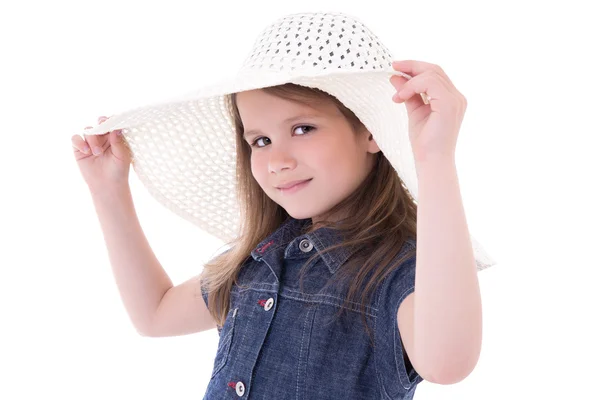 Fashion concept - cute little girl in big summer hat isolated on — Stock Photo, Image