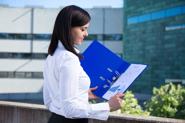 Beautiful business woman holding folder with business plan — Stock fotografie