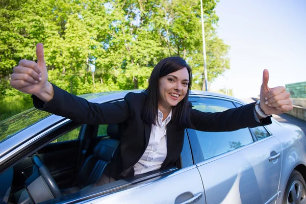 Driver license concept - happy woman with car — Stock Photo, Image