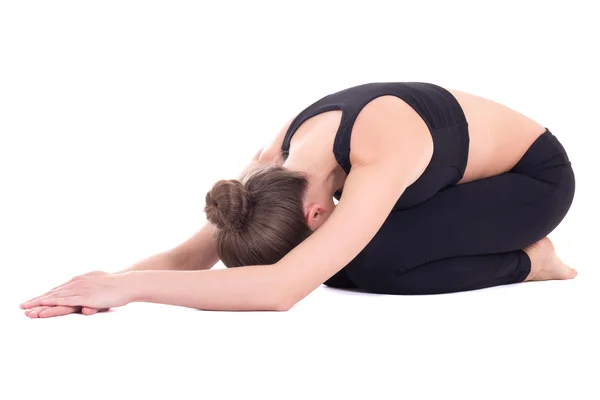 Slim woman doing yoga isolated on white — Stockfoto