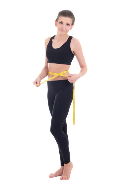 Concepto de dieta - hermosa mujer deportiva slim con medida cinta iso —  Fotos de Stock