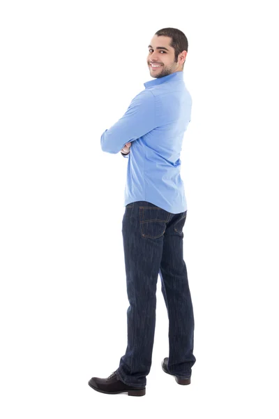 Homem de negócios árabe jovem camisa azul isolado na whit a sorrir — Fotografia de Stock