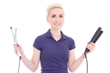 güzel kadın saç stilisti saç olmaz ve izole demir 