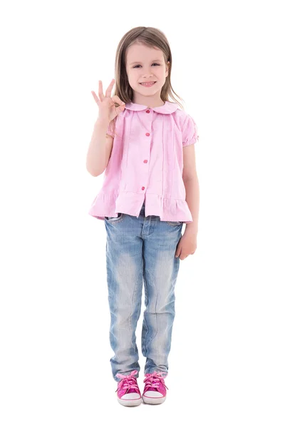 Cute pretty little girl showing ok sign isolated on white — Stock Photo, Image