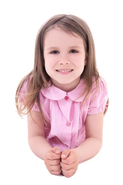 Little girl lying isolated on white — Stock Photo, Image