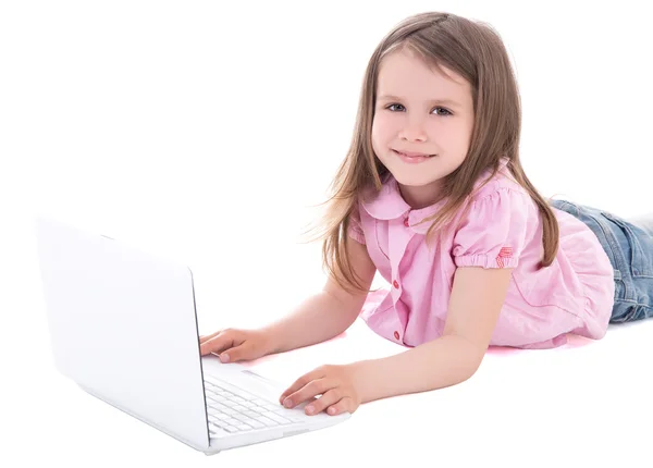 Happy cute little girl using laptop isolated on white — Stock Photo, Image