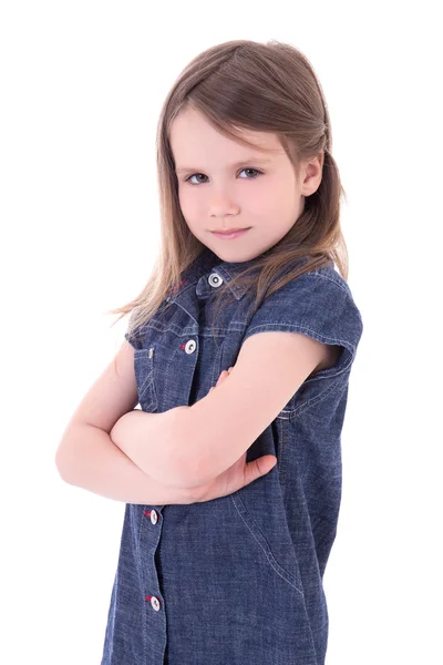 Retrato de menina bonitinha engraçado vestido jeans isolado na wh — Fotografia de Stock