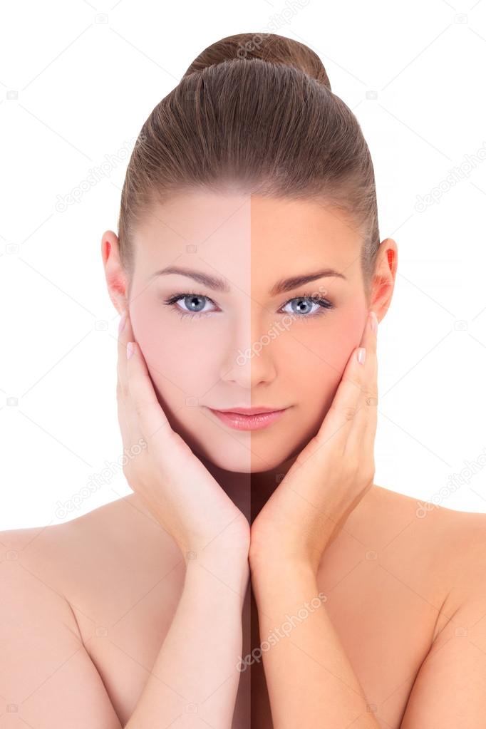 sunbathing concept - beautiful woman before and after suntanning