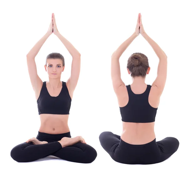 Vista frontal y trasera de bella mujer haciendo yoga en postura de loto —  Fotos de Stock