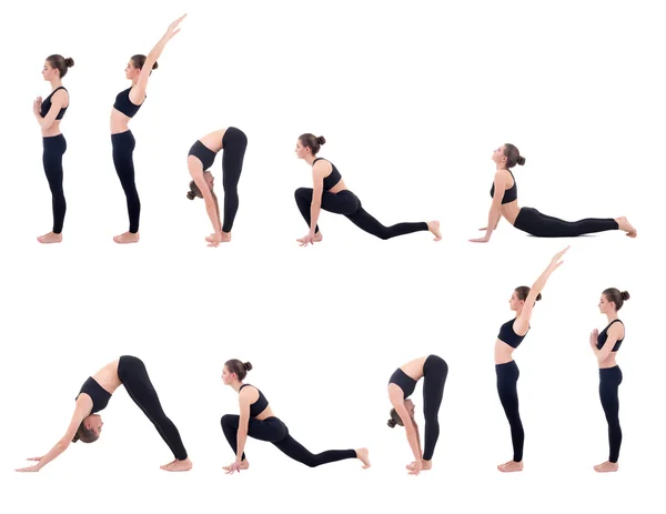 Beautiful slim woman in yoga sun salutation sequence poses isola — Stock Photo, Image