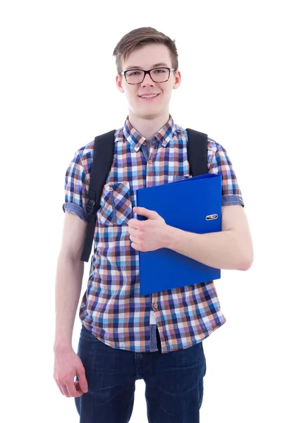 Sırt çantası ve üzerinde beyaz izole kitap yakışıklı genç çocuk — Stok fotoğraf