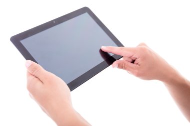 elleri boş ekran üzerinde beyaz izole ile Tablet PC'yi kullanma