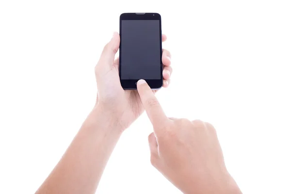 Männlichen Händen unter Foto mit mobile Smartphone mit leeren Geröll — Stockfoto