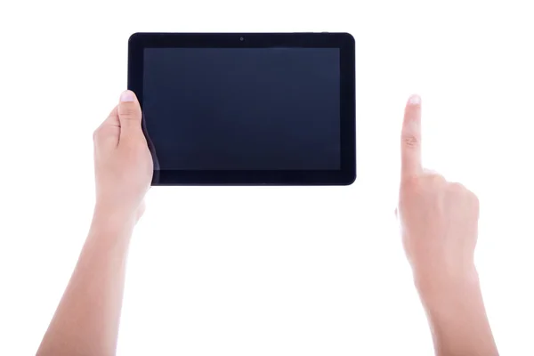 Męskie dłonie przy użyciu komputera typu tablet z pustego ekranu na w tle — Zdjęcie stockowe
