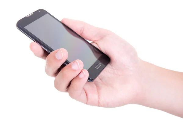 Teléfono inteligente con pantalla en blanco en mano macho aislado en blanco —  Fotos de Stock