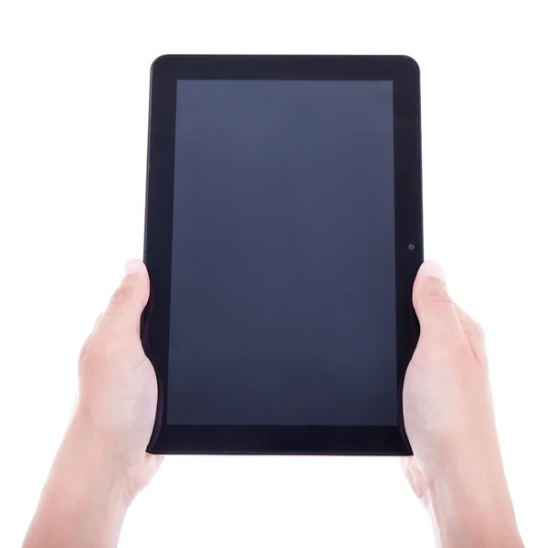 Moderne TabletPC mit leeren Bildschirm in männlichen Händen isoliert auf whi — Stockfoto