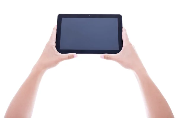 Tablet pc con pantalla en blanco en manos hombres aislados en blanco — Foto de Stock