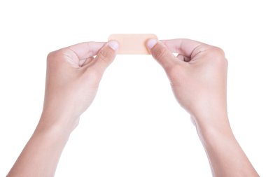 Erkek el Tutkallar tıbbi yama üzerinde beyaz izole