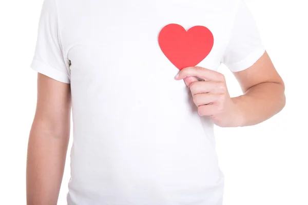 Health care concept - man holding red paper heart isolated on wh — Stock Photo, Image