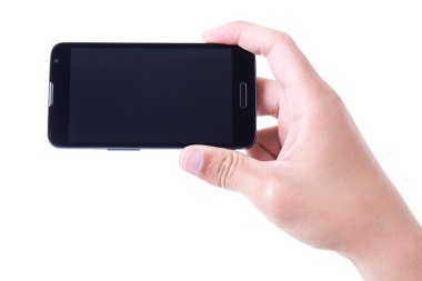 Erkek el ile boş ekran izole mobil akıllı telefon tutarak 
