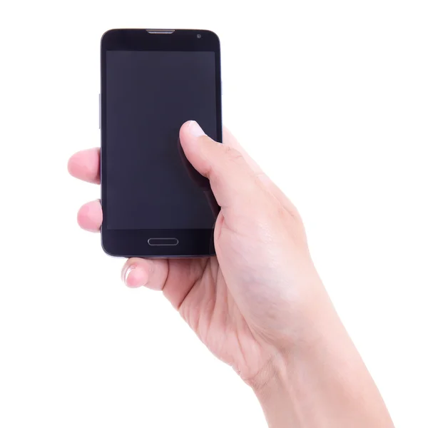 Smart telefon med blank skärm i hand isolerad på vit — Stockfoto