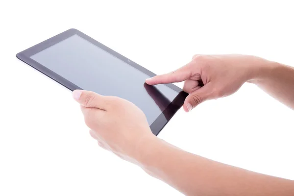 Male hands using tablet pc with blank screen isolated on white — Stock Photo, Image