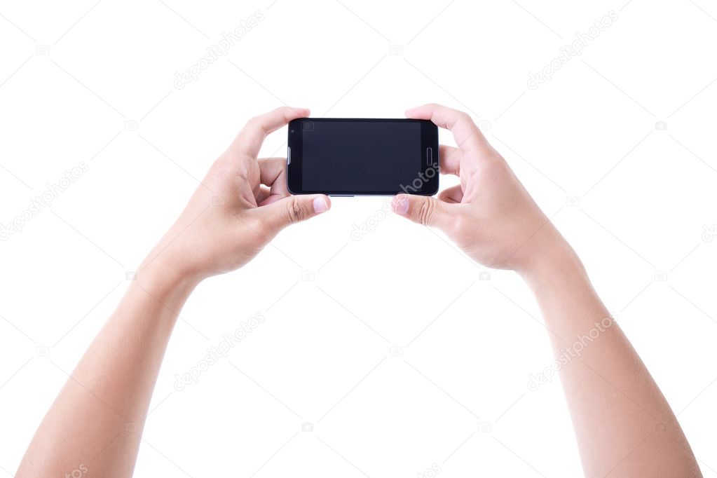 male hands holding mobile smart phone with blank screen isolated
