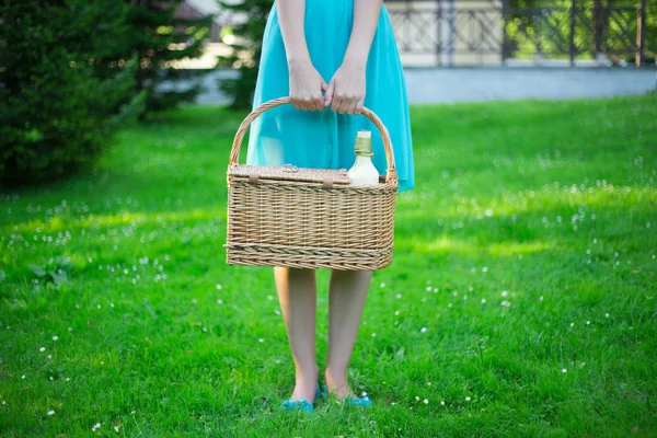 Picnic basket with bottle of wine in female hands — Stock Photo, Image