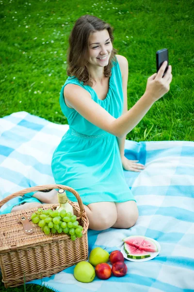 Young beautiful woman with picnic basket and fruits using smart — Stock Photo, Image