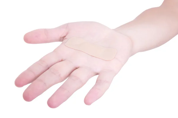 Palm masculino com médico remendo adesivo isolado no branco — Fotografia de Stock