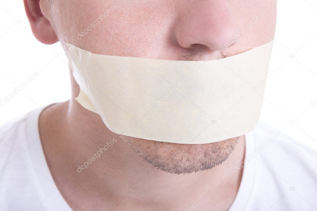 close up of male mouth with tape isolated on white