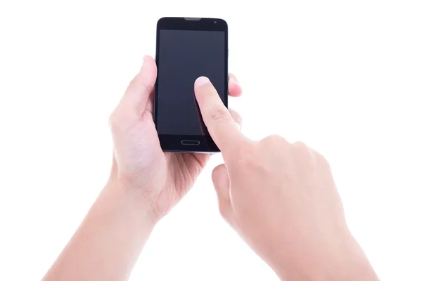 Närbild på händerna med smart mobiltelefon med blank skärm iso — Stockfoto