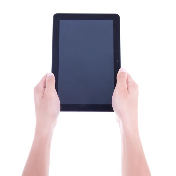 Close up of tablet pc with blank screen in male hands isolated o — Stock Photo, Image