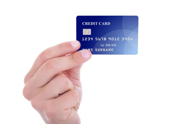 Masculino mão segurando o cartão de crédito isolado no branco — Fotografia de Stock