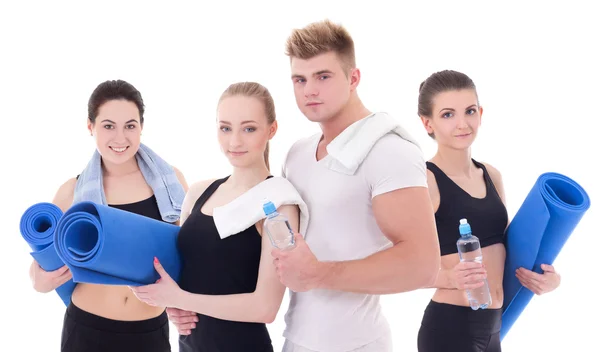 Fitness instructor and young beautiful women with yoga mat isola — Stock Photo, Image