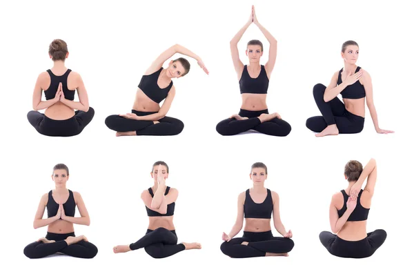 Bella donna che fa yoga in diverse pose isolato su bianco — Foto Stock