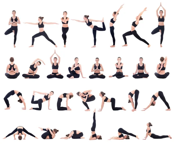 Concepto de deporte - hermosa mujer delgada en diferentes yoga plantea iso —  Fotos de Stock
