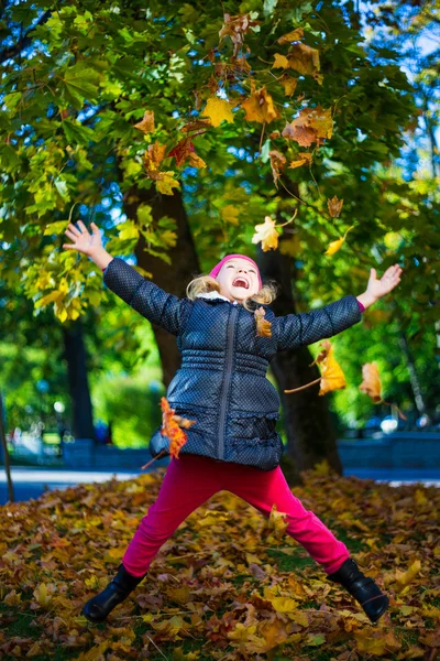 Bambina allegra che gioca con acero lascia nel parco — Foto Stock