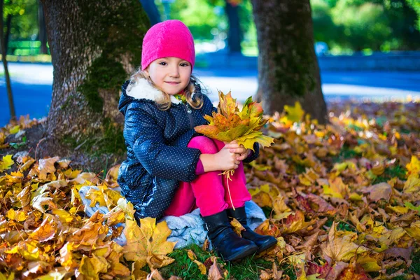Piękna dziewczyna siedzi z klon liści w parku jesień — Zdjęcie stockowe