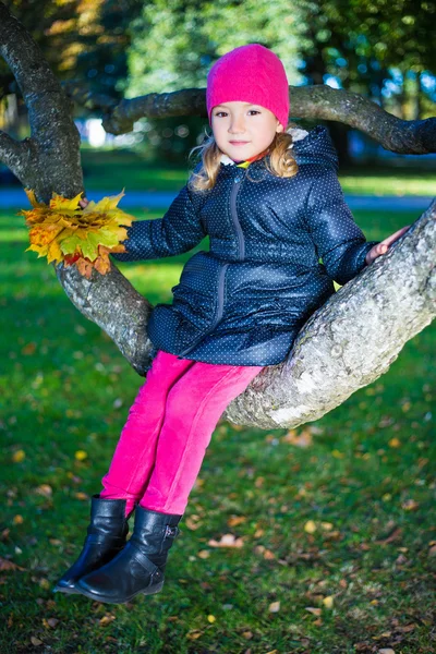 Πορτρέτο του χαριτωμένο κορίτσι που κάθεται στο κλαδί δέντρου στο πάρκο φθινόπωρο — Φωτογραφία Αρχείου