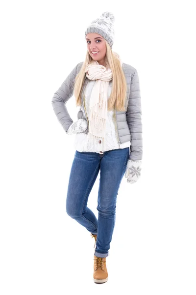 Pełnej długości piękny portret pięknej kobiety w zimowe ubrania isolat — Zdjęcie stockowe