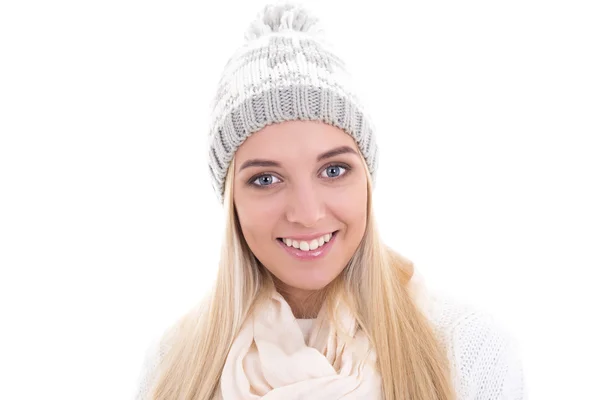 Close up portrait of cute beautiful woman in winter clothes isol — Stock Photo, Image