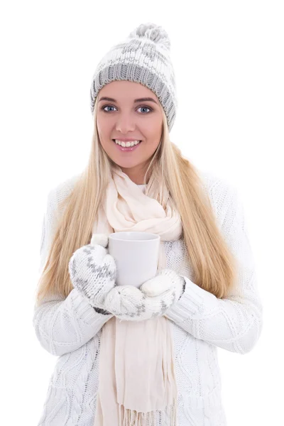 Cute beautiful woman in winter clothes with cup of tea or coffee — Stock Photo, Image